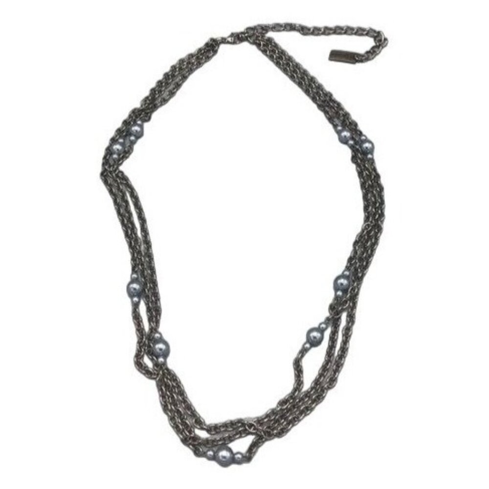 ninewest pearl chain silver 3 layers costume jewelry retro 45" hook READ